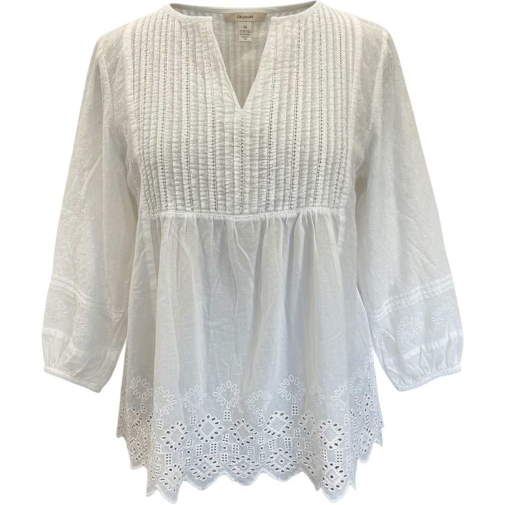 Fat Face White Eyelet Embroidered Swiss Dot Pleated V-Neck Blouse Size 8